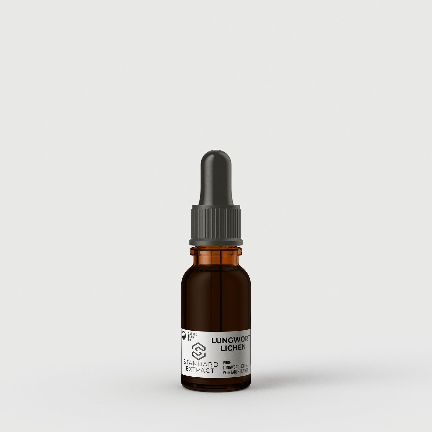 High-quality glass bottle of Sacred Plant Co Standard Extract Lungwort Lichen Tincture Half OZ, made with sustainably harvested Lungwort Lichen, promoting respiratory health.