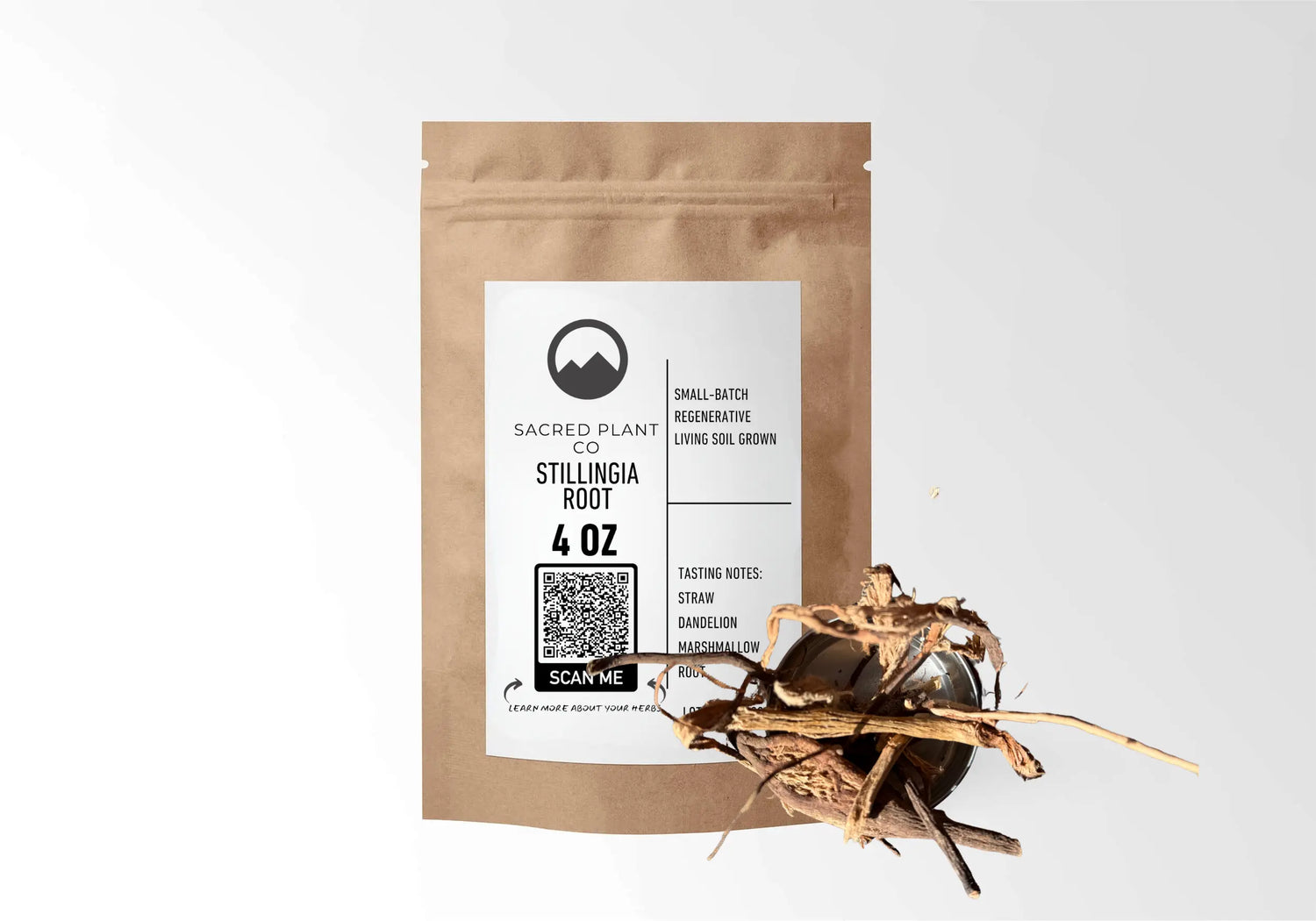 A brown paper bag of Stillingia Root from Sacred Plant Co. is shown against a white background. The bag has a white label with the company logo, product name, weight (4 OZ), a QR code, and tasting notes of straw, dandelion, and marshmallow root. Beside the bag is a small metal bowl overflowing with pieces of dried root.