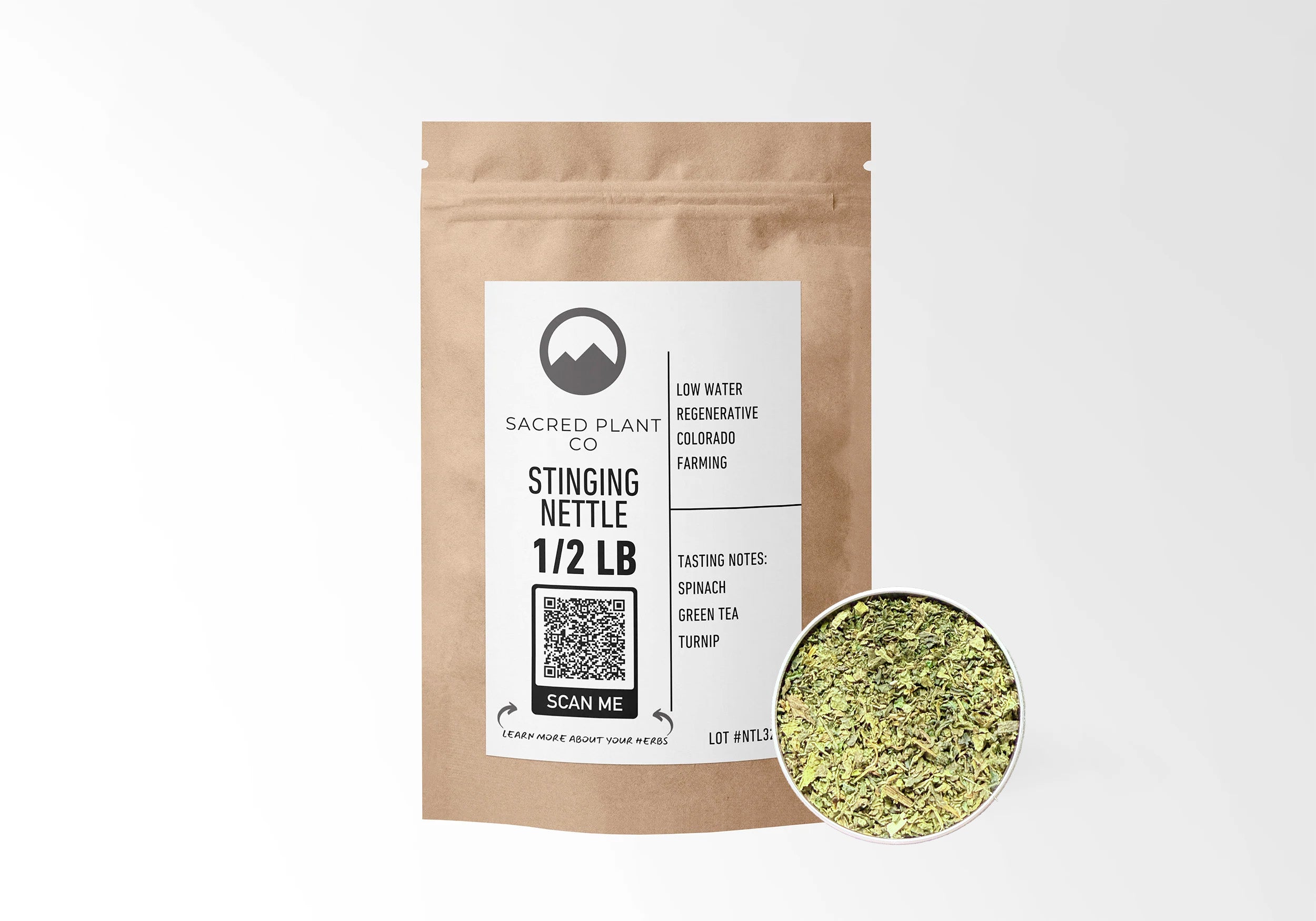 Sacred Plant Co Stinging Nettle 1/2 LB eco-friendly kraft bag with herb sample, sustainably farmed, premium quality for health benefits.