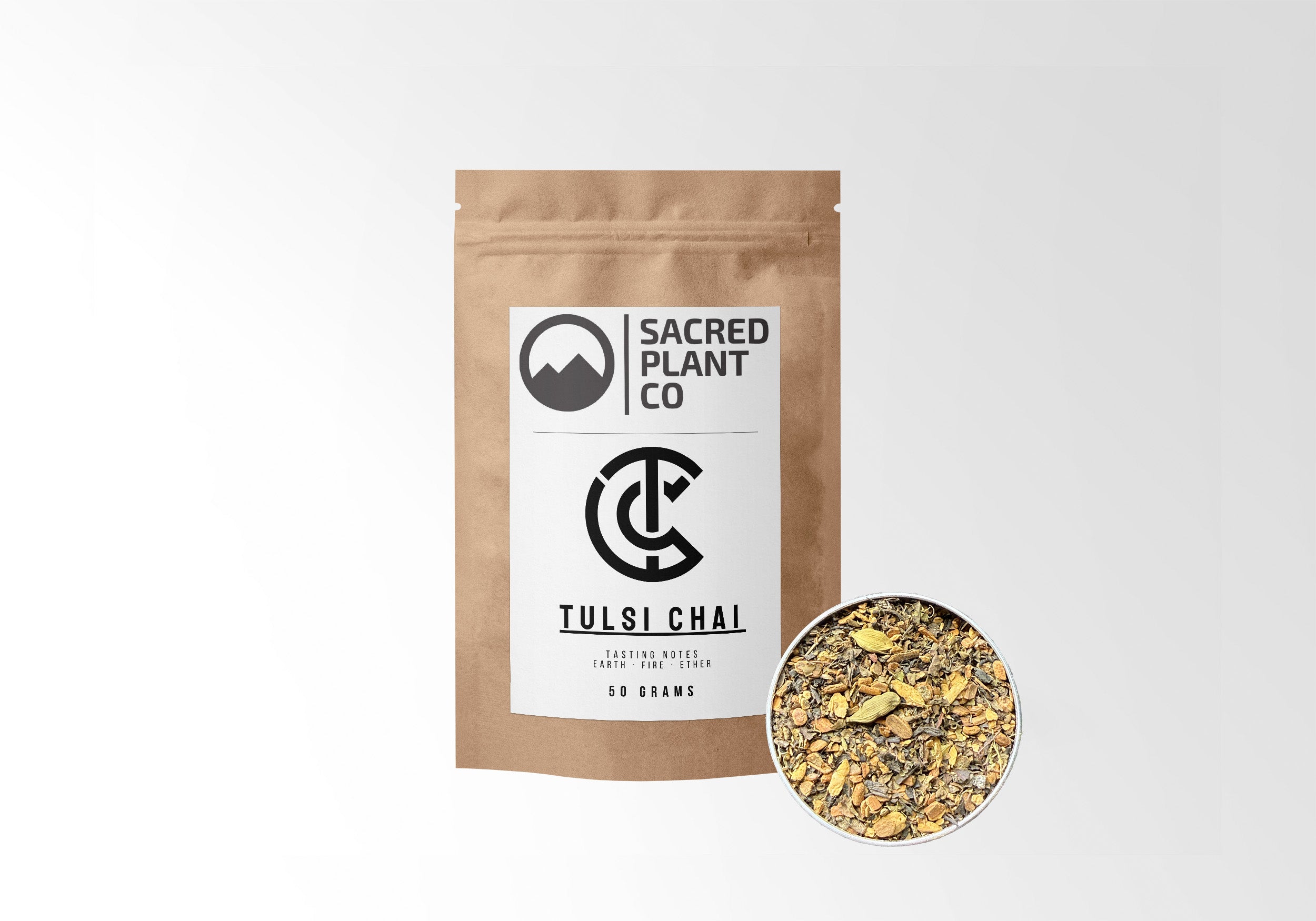 Sacred Plant Co Tulsi Chai Tea in eco-friendly kraft paper packaging, featuring a sample of high-quality loose leaf blend for immune support and stress relief, 50 grams.