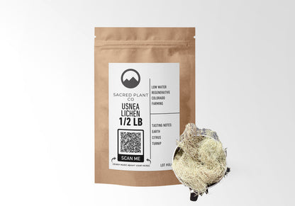 Sacred Plant Co Usnea Lichen 1/2 LB in kraft paper packaging with a sample in a silver tin, used for supporting immune health and respiratory function.