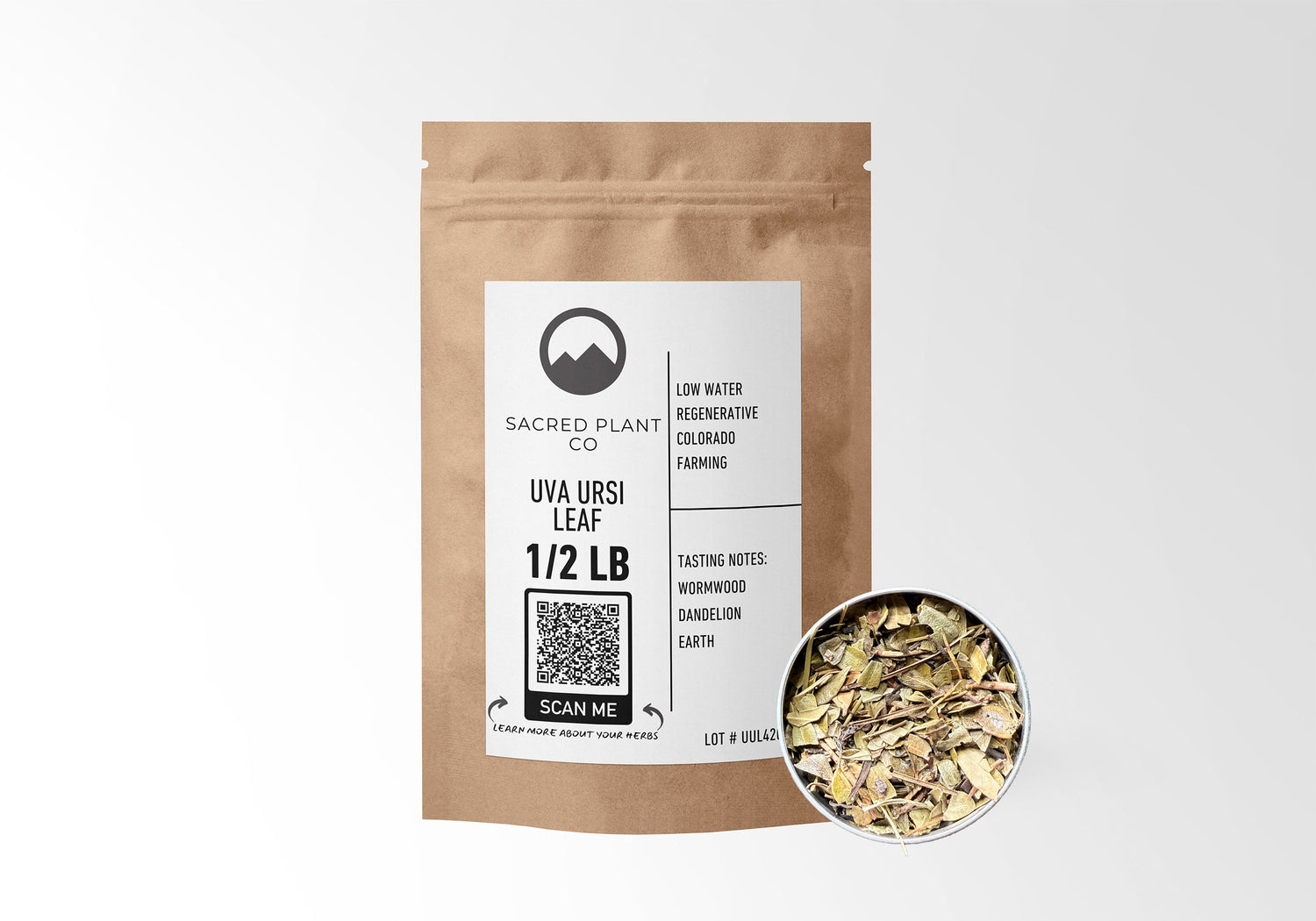 Sacred Plant Co Uva Ursi Leaf 1/2 LB in eco-friendly kraft paper packaging, sample in a silver tin, traditionally used for urinary tract health and kidney support.