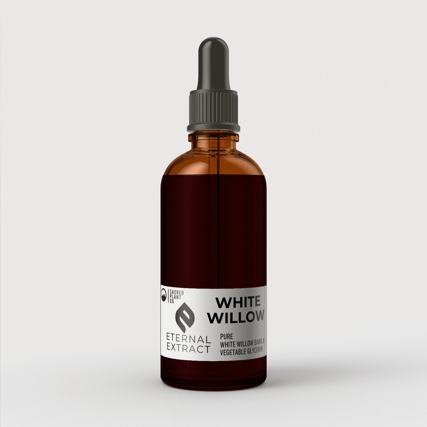 Amber glass bottle of Sacred Plant Co White Willow Bark Eternal Extract tincture with dropper, showcasing pure vegetable glycerin formulation for natural pain relief and joint support.