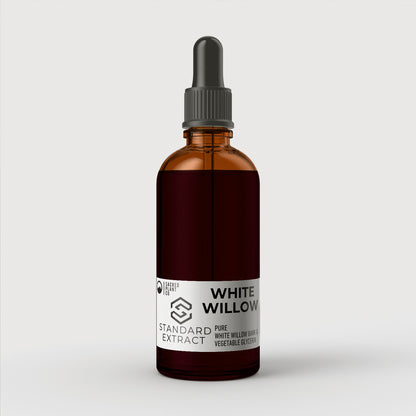 Amber glass dropper bottle labeled White Willow Bark Standard Extract by Sacred Plant Co, showcasing the herbal tincture made with vegetable glycerin.