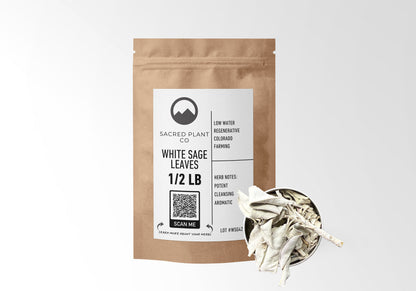 Sacred Plant Co White Sage Leaves 1/2 LB kraft paper packaging with sample in silver tin showcasing sustainably grown herb for natural cleansing and aromatic benefits.