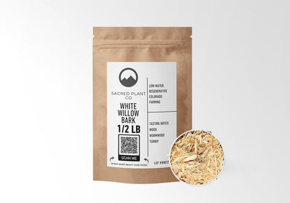 Sacred Plant Co White Willow Bark 1/2 LB kraft paper packaging with White Willow Bark sample in silver tin showcasing sustainably harvested bark for natural pain relief benefits.