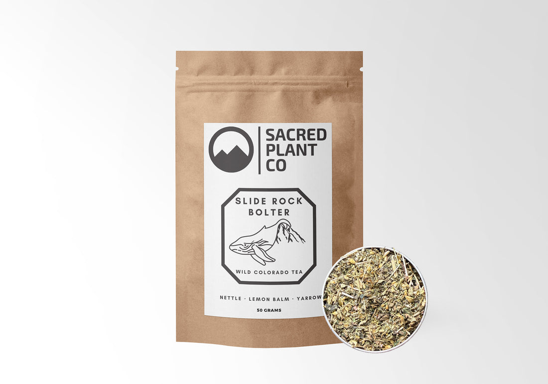 Sacred Plant Co Slide Rock Bolter Wild Colorado Tea 50 grams in eco-friendly kraft paper packaging with a sample in a silver tin, featuring nettle, lemon balm, and yarrow for a soothing herbal blend.