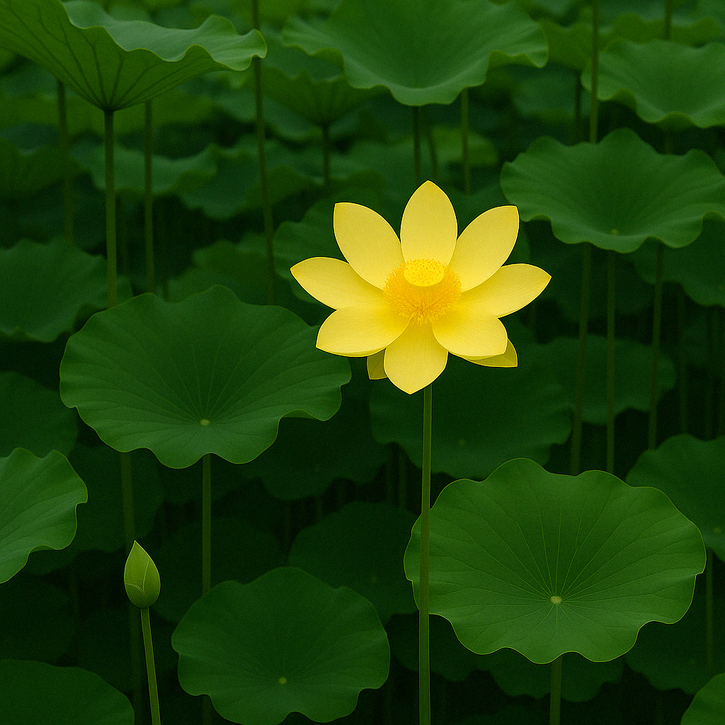 Distant view of an American Lotus flower with bright yellow petals emerging from a lush aquatic habitat filled with lotus leaves.