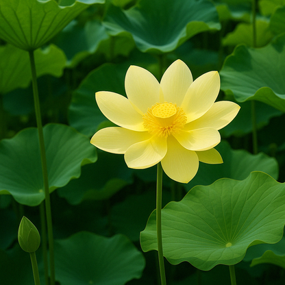 Blooming American Lotus flower (Nelumbo lutea) with pale yellow petals rising above broad green leaves, representing a native U.S. water-chinquapin species.