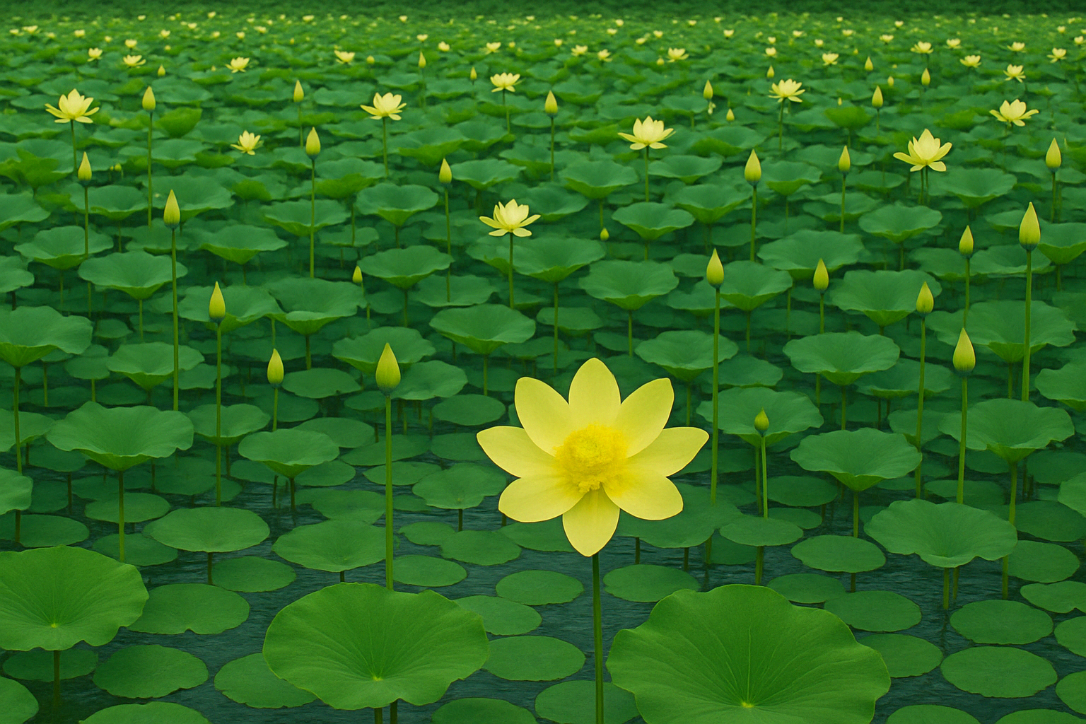 Expansive pond covered with blooming American Lotus flowers and buds, illustrating the full seasonal beauty of native Nelumbo lutea in summer bloom.