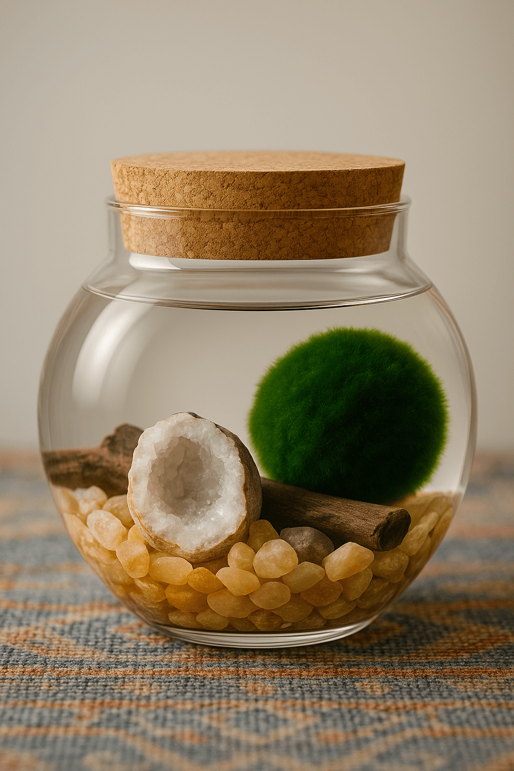 Authentic Marimo moss ball terrarium with driftwood, ancient geode crystal, and golden river stones, beautifully displayed in a cozy boho setting.