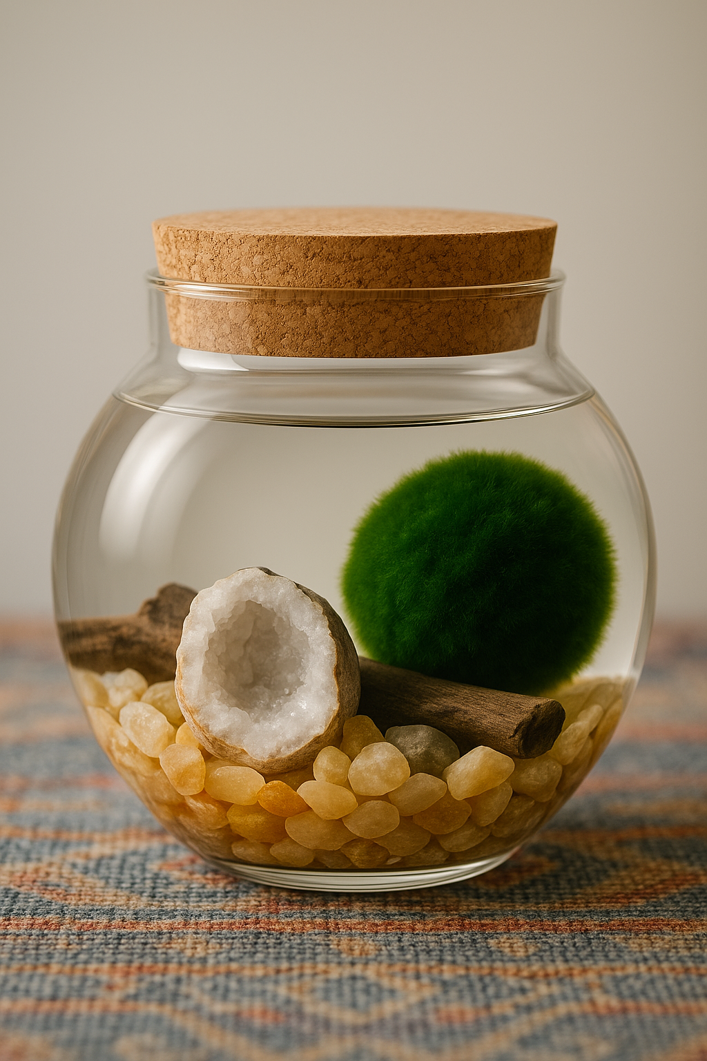 Authentic Marimo moss ball terrarium with driftwood, ancient geode crystal, and golden river stones, beautifully displayed in a cozy boho setting.
