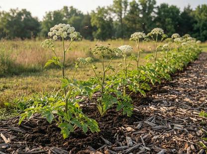 Mature row of Angelica Archangelica plants growing in rich, regenerative living soil with wood chip mulch, illustrating the sustainable farm origin of Sacred Plant Co&