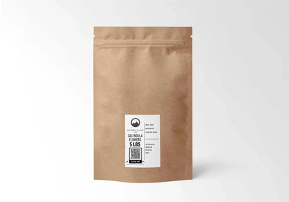 A large 5 lb resealable kraft bag of standard Sacred Plant Co Calendula flowers, showing the full front label and QR code.