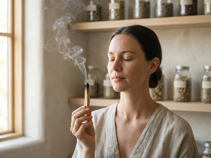 A woman holds a lit sacred plant co palo santo stick, with aromatic smoke rising for a smudging ritual. She is in a calm, meditative state, demonstrating the use of the sustainably harvested holy wood for energy cleansing.