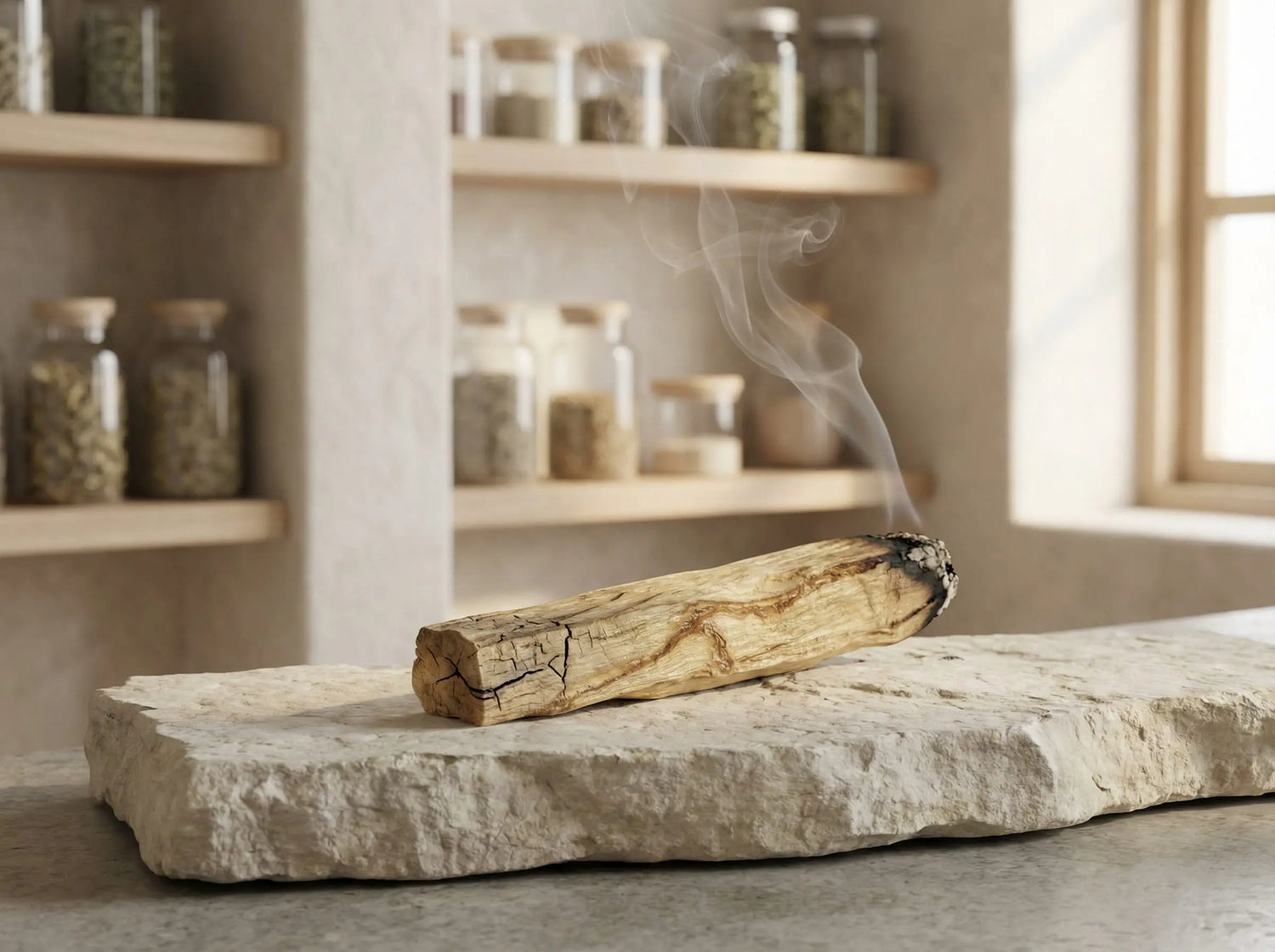 A single stick of ethically sourced Palo Santo smoldering on a heat-safe stone surface. The thick, white cleansing smoke demonstrates the quality of this 100% natural, chemical-free fallen wood incense.
