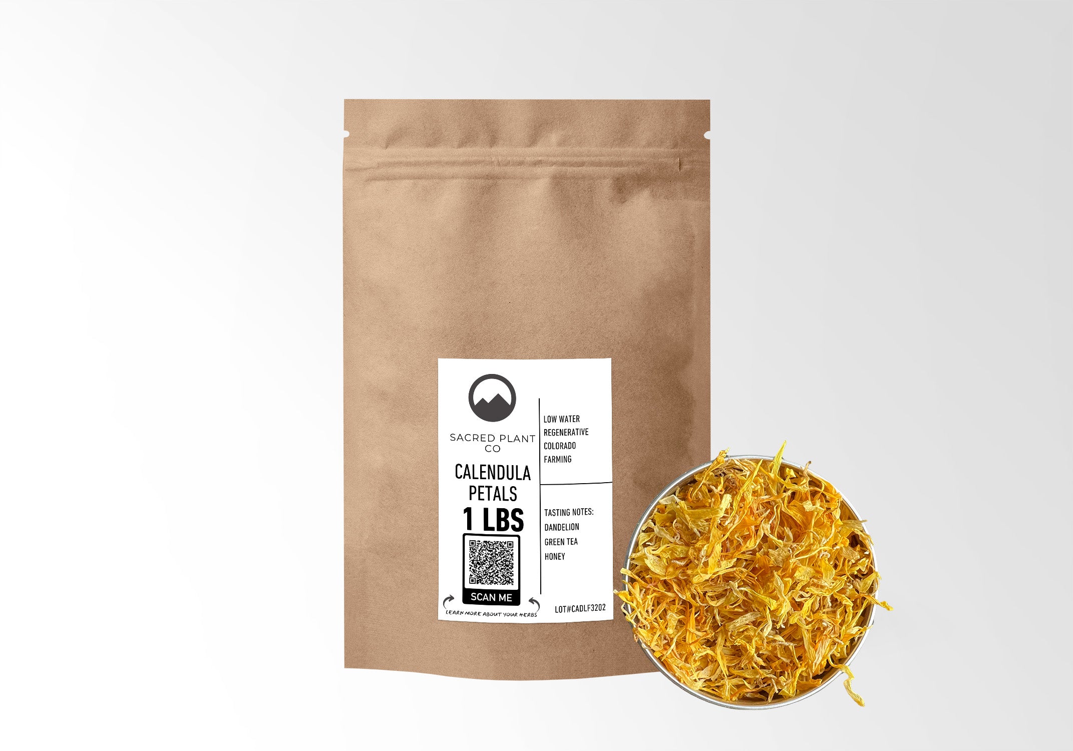 A one-pound premium kraft paper pouch labeled Calendula Petals, from Sacred Plant Co, is displayed next to a bowl brimming with rich, yellow calendula petals. The upscale packaging and the plentiful petals highlight the premium nature of the product, with a focus on its high quality.