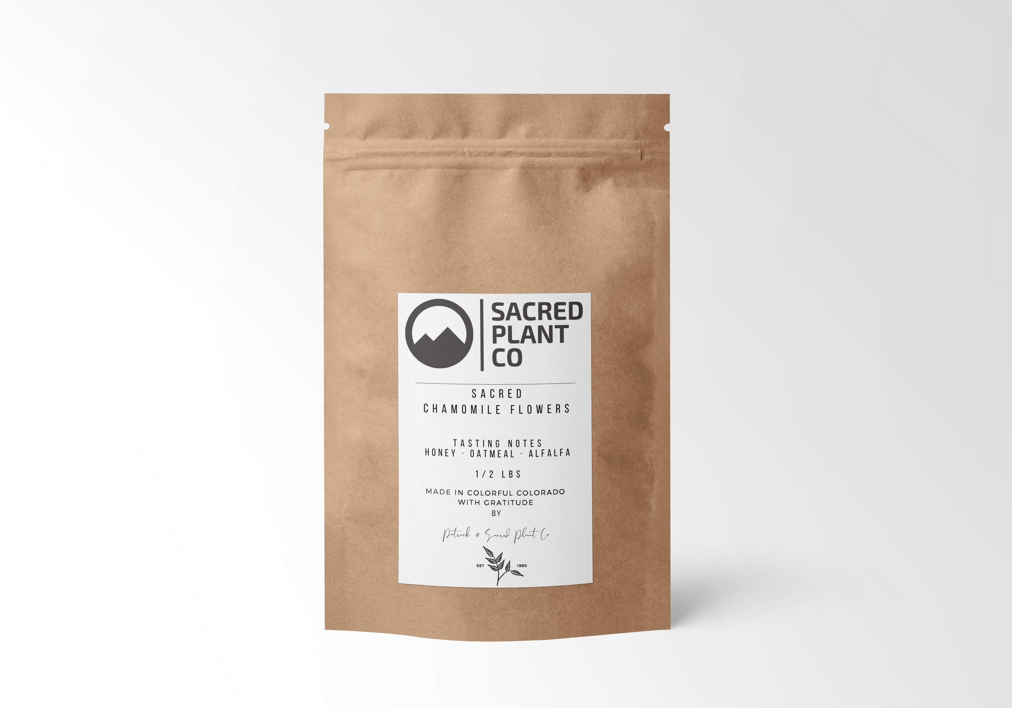 Half-pound kraft paper pouch of Sacred Plant Co&