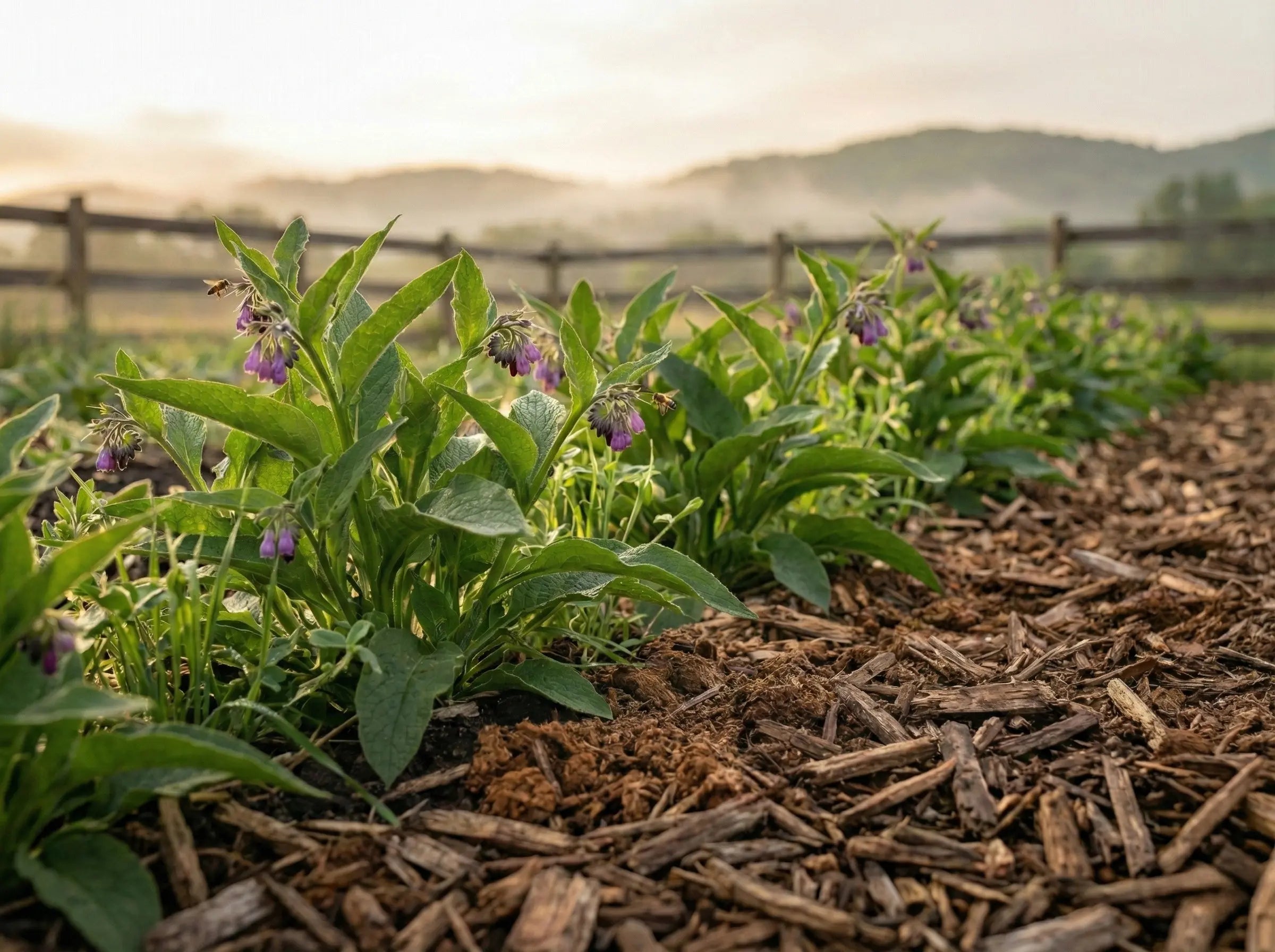 A row of Comfrey plants with bell-shaped purple flowers growing in a mulched garden bed at sunset.