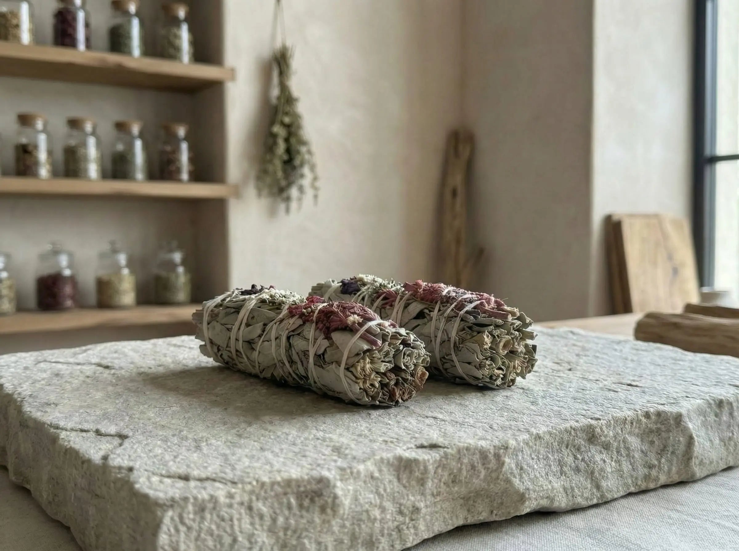 Two consecrated white sage smudge sticks resting on natural stone, showing size and ceremonial quality.