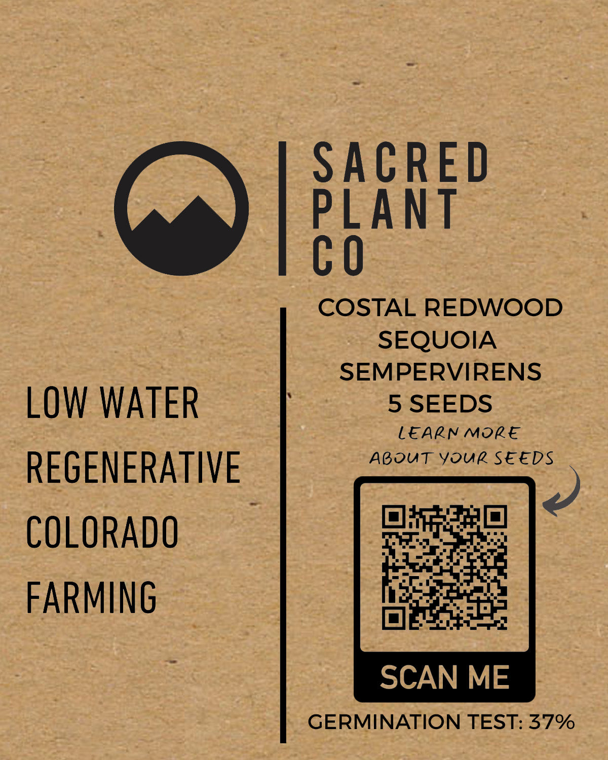 Seed packet design for Sacred Plant Co, showcasing Coastal Redwood (Sequoia sempervirens) seeds with 5 seeds per pack. The packaging promotes low-water, regenerative farming practices in Colorado, includes a QR code for more details, and highlights a germination test result of 37%