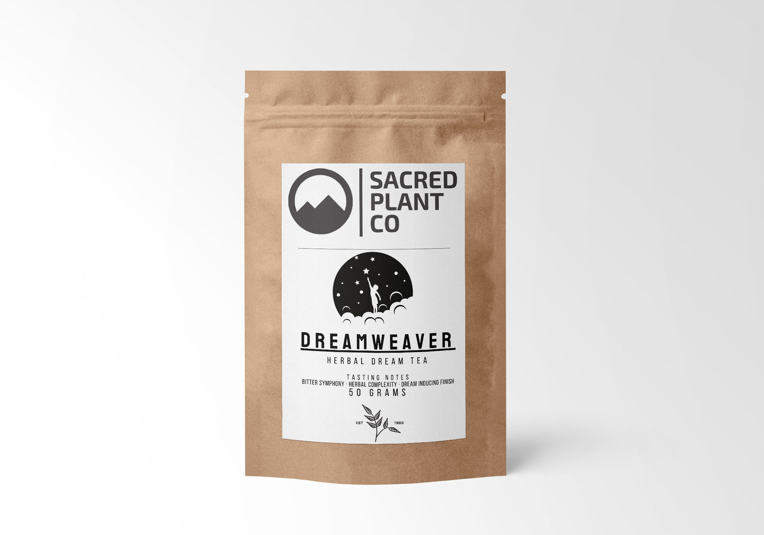 Dreamweaver Herbal Lucid Dream Tea packaging by Sacred Plant Co - Front label.