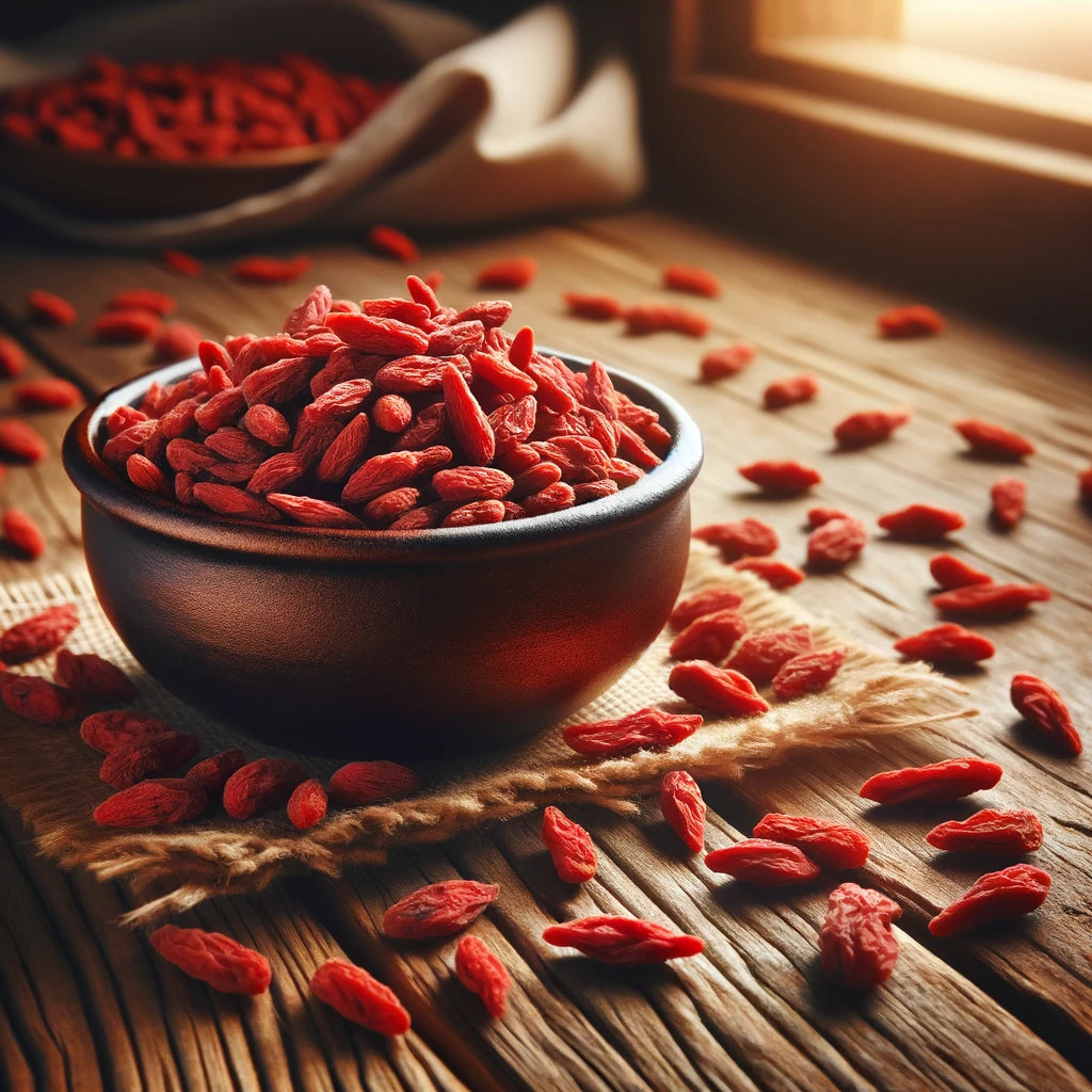 Goji Berries artfully displayed, offering a bounty of vibrant red hues on a natural wooden backdrop, reminiscent of their traditional origins.