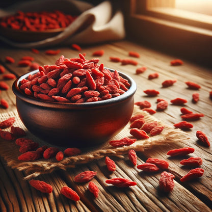 Goji Berries artfully displayed, offering a bounty of vibrant red hues on a natural wooden backdrop, reminiscent of their traditional origins.