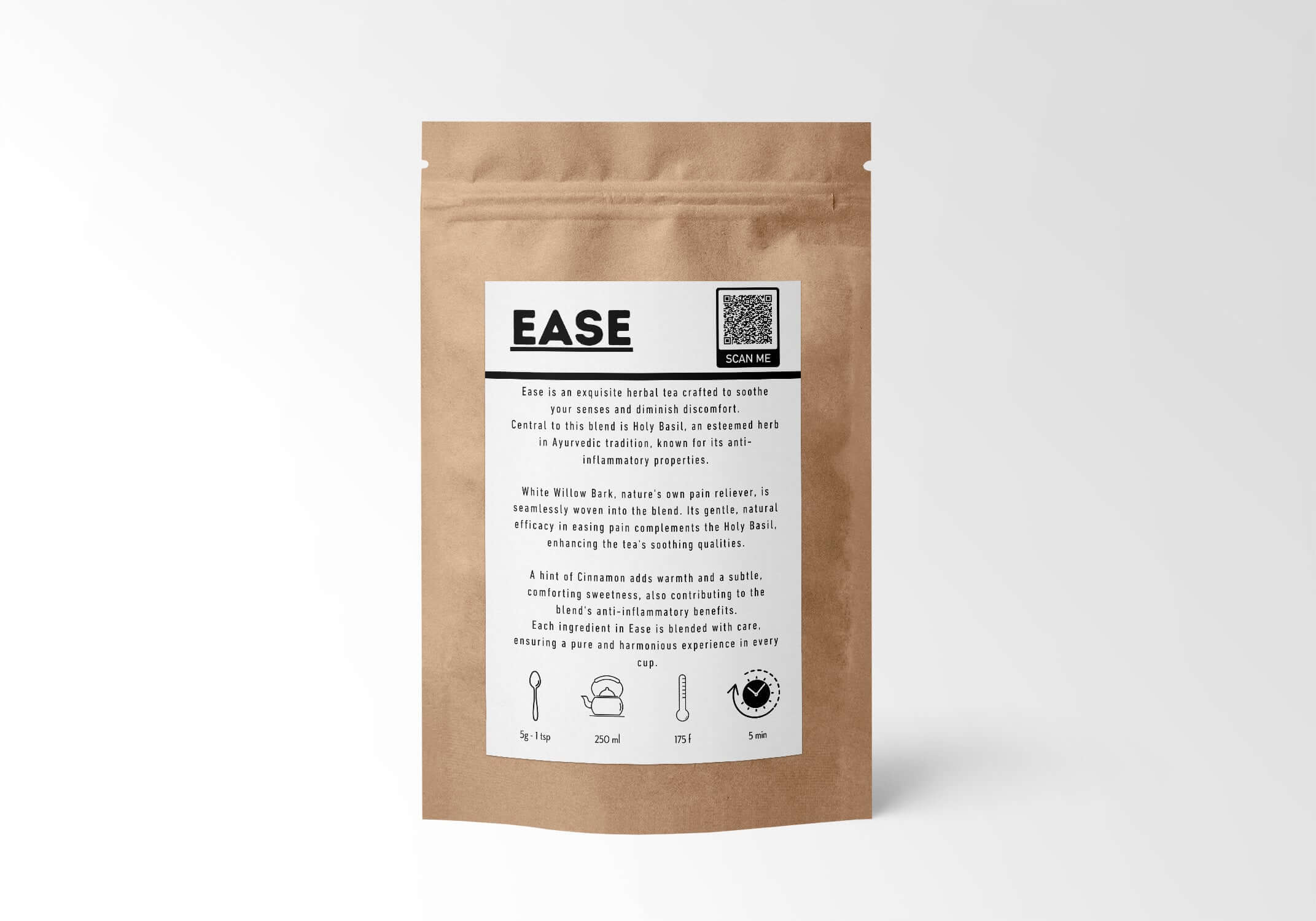 Sacred Plant Co Ease Herbal Tea backside with brewing instructions, showcasing pain-relieving herbal blend in eco-friendly kraft packaging, sustainably sourced ingredients like Holy Basil and White Willow Bark.