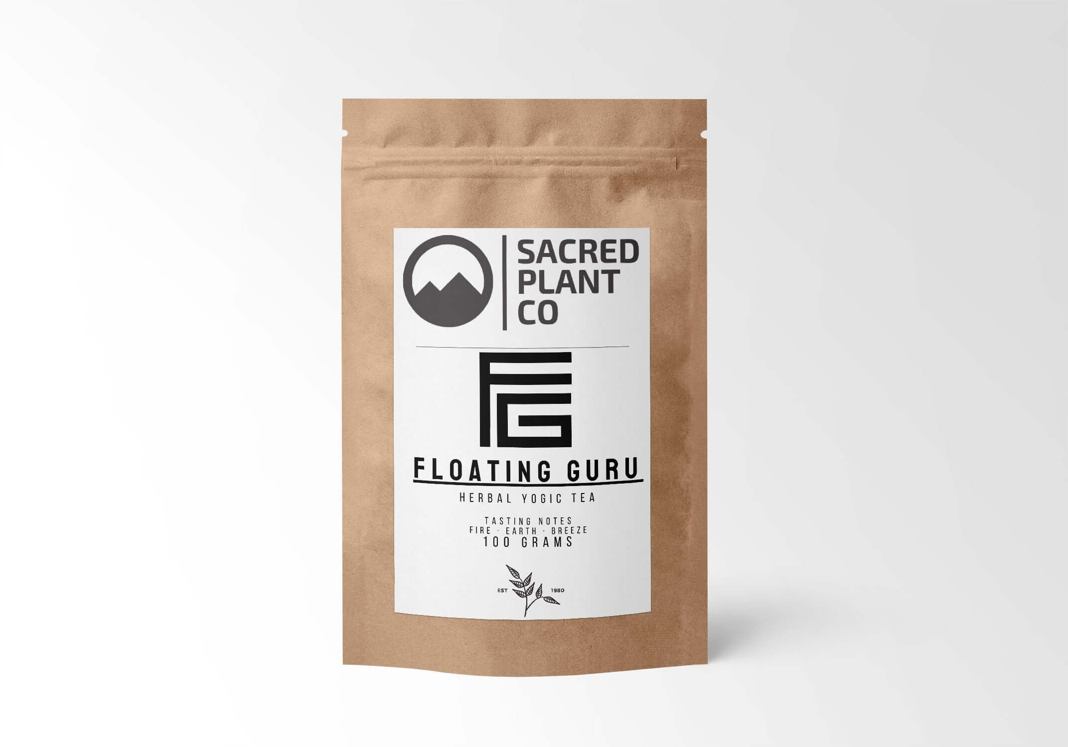 Sacred Plant Co Floating Guru herbal yogic tea in 100 grams kraft bag, designed for calming and energizing effects.