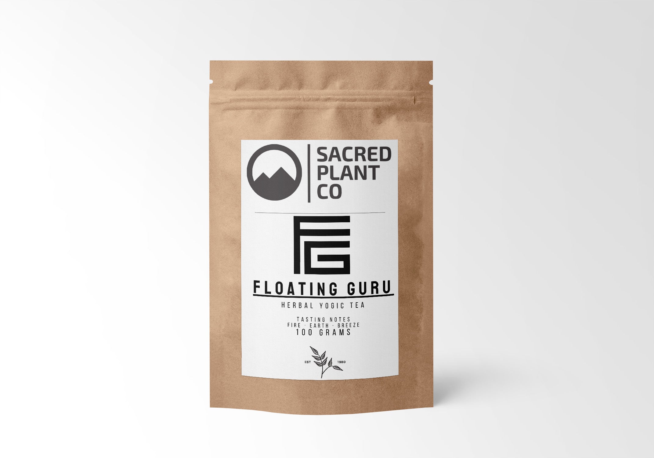 Sacred Plant Co Floating Guru tea package showcasing 50 grams of aromatic herbal yogic tea blend with an elegant black and white label design with ginger, black pepper, cinnamon, cardamom, cordyceps and licorice.