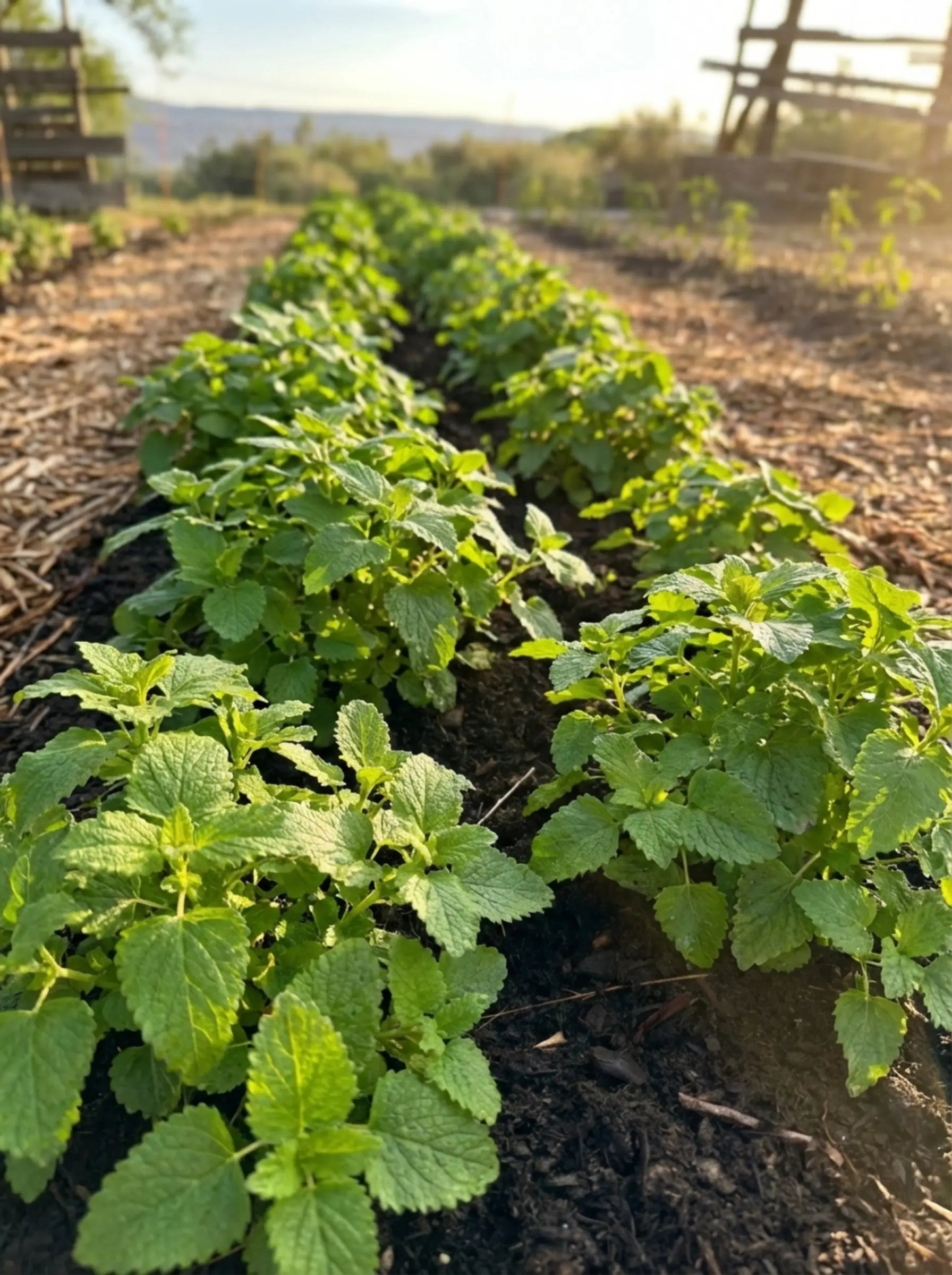 Lush green lemon balm plants growing in dark, nutrient-rich living soil at Sacred Plant Co’s Colorado farm.