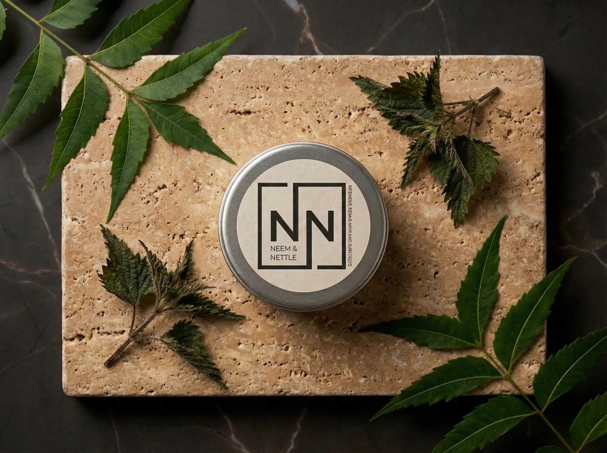 Top-down view of the salve tin centered on a stone block, surrounded by fresh serrated neem leaves and dried stinging nettle stalks.