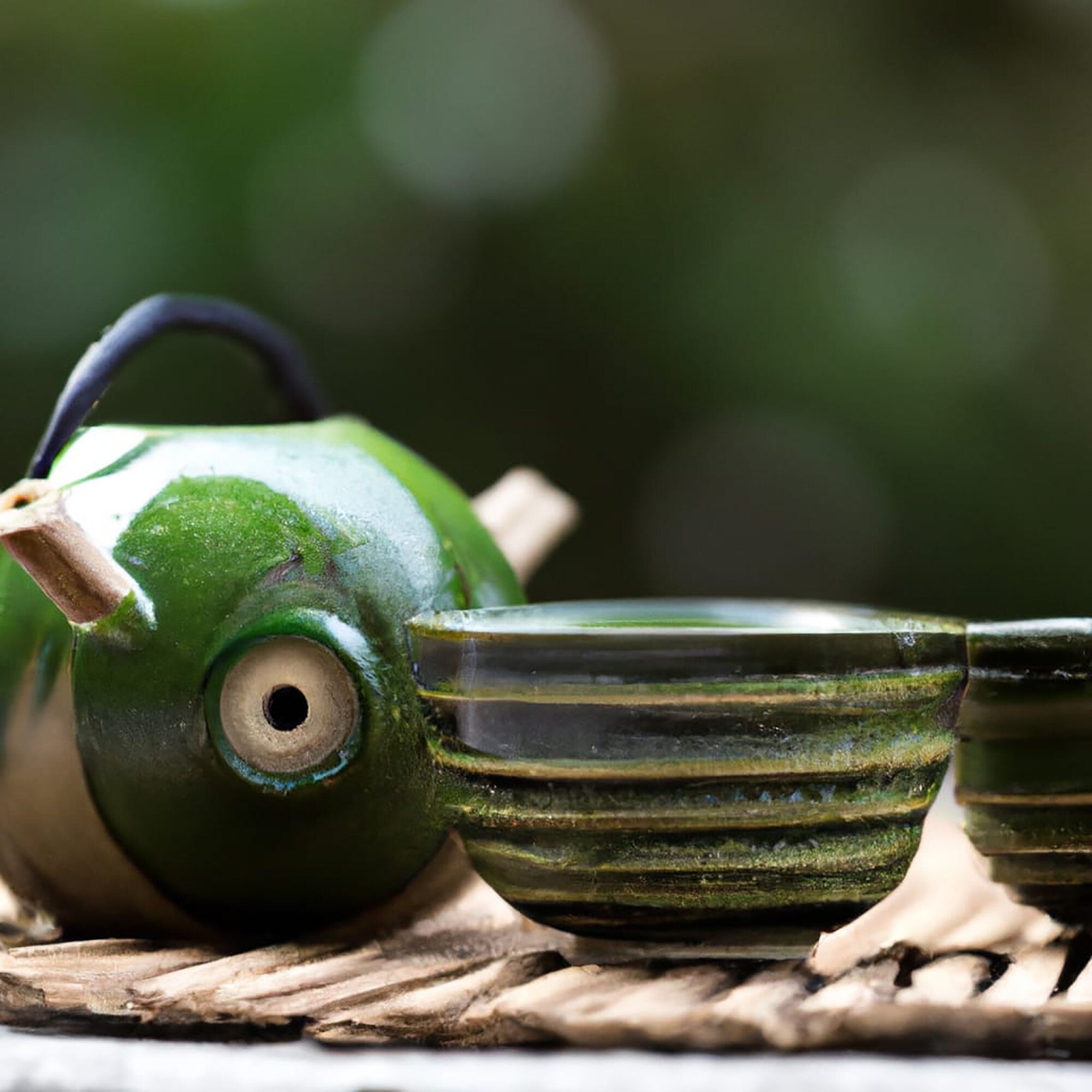 raditional Japanese green tea service with a green ceramic teapot and matching cups, ideal for brewing loose leaf green tea.