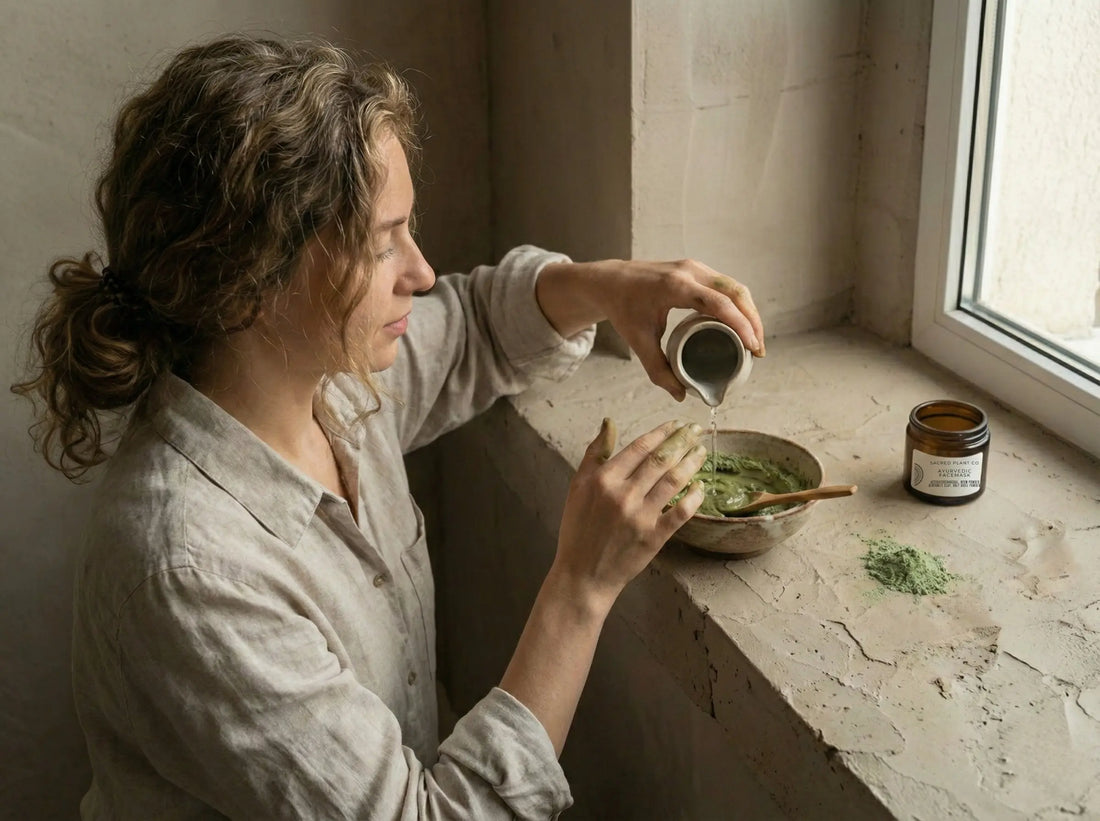 Close-up of hands mixing green Ayurvedic face mask powder with water in a ceramic bowl near a window, demonstrating the hydration process.