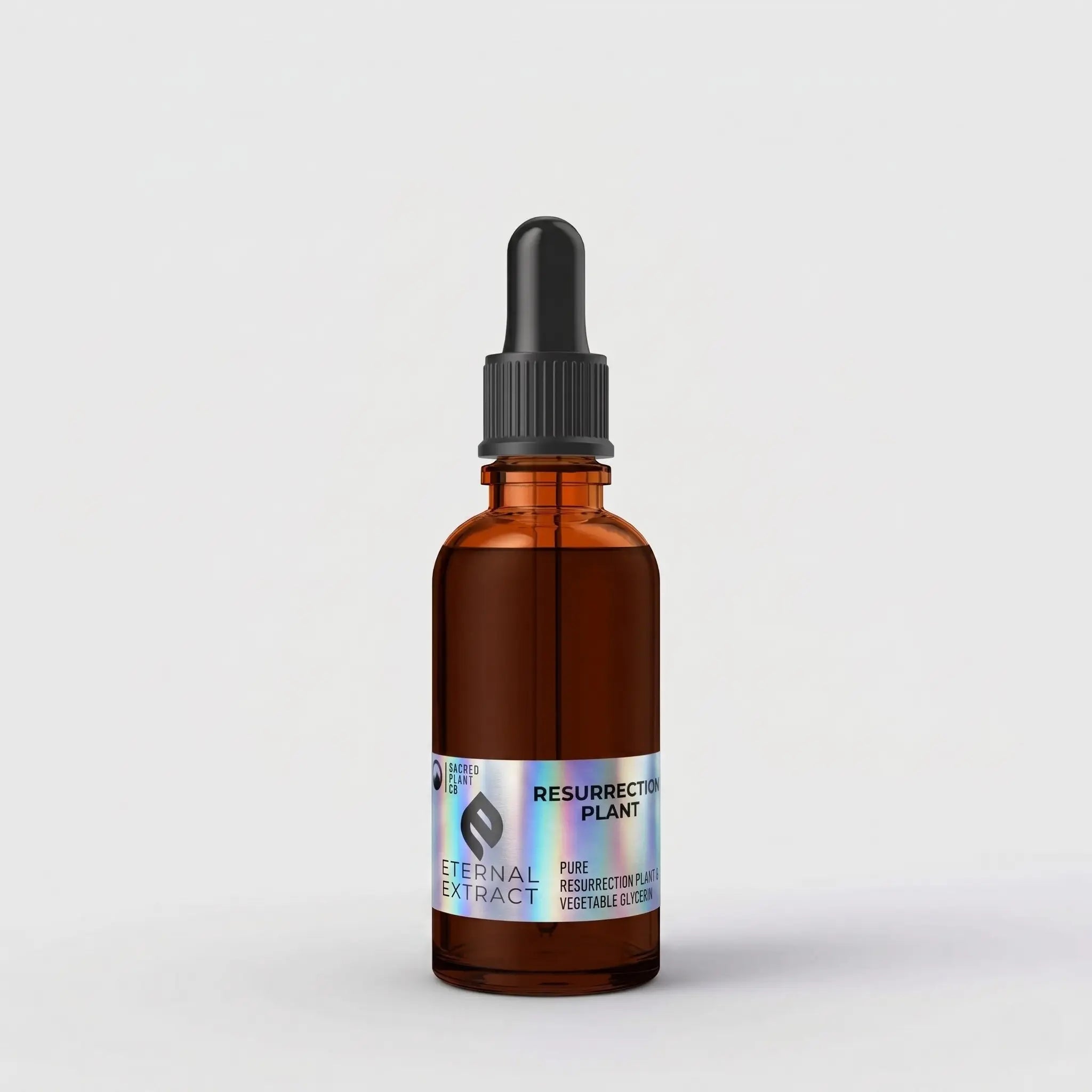 A one-ounce amber glass dropper bottle of High-Potency Resurrection Plant Extract by Sacred Plant Co. The bottle features the new holographic Eternal Extract label and is isolated on a clean white background.