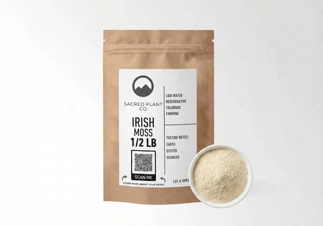 Sacred Plant Co Irish Moss Powder 1/2 lb bag next to a sample bowl showing the fine beige texture of the sustainably harvested Chondrus crispus powder.