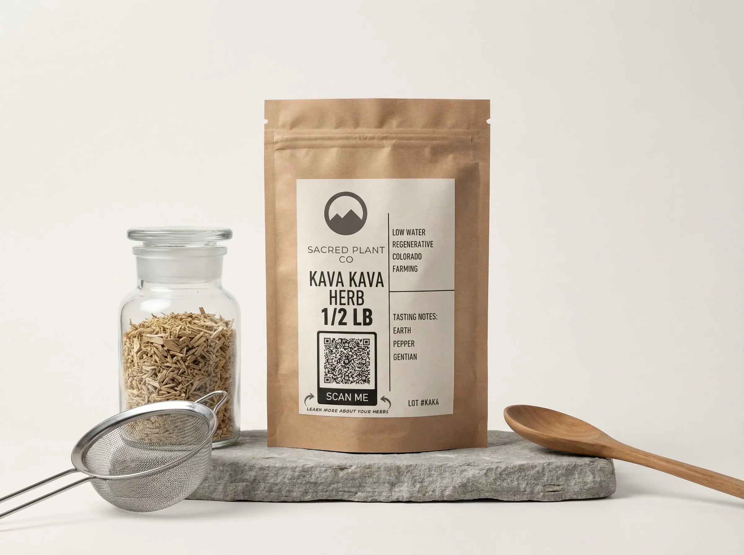 Sacred Plant Co kava kava herb with elegant bowl spill on stone surface