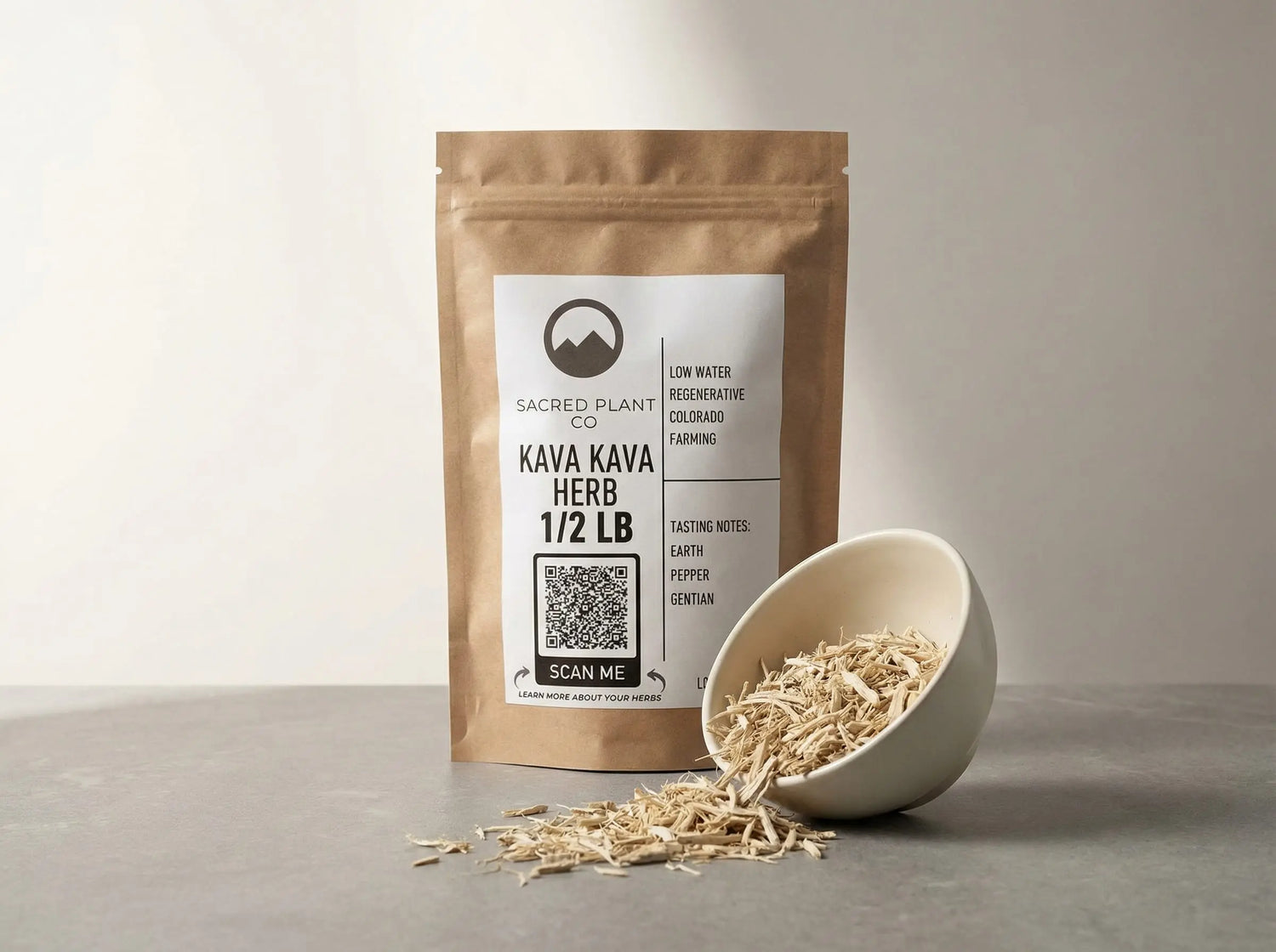 Sacred Plant Co kava kava herb with elegant bowl spill on stone surface