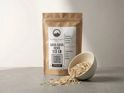 Sacred Plant Co kava kava herb with elegant bowl spill on stone surface