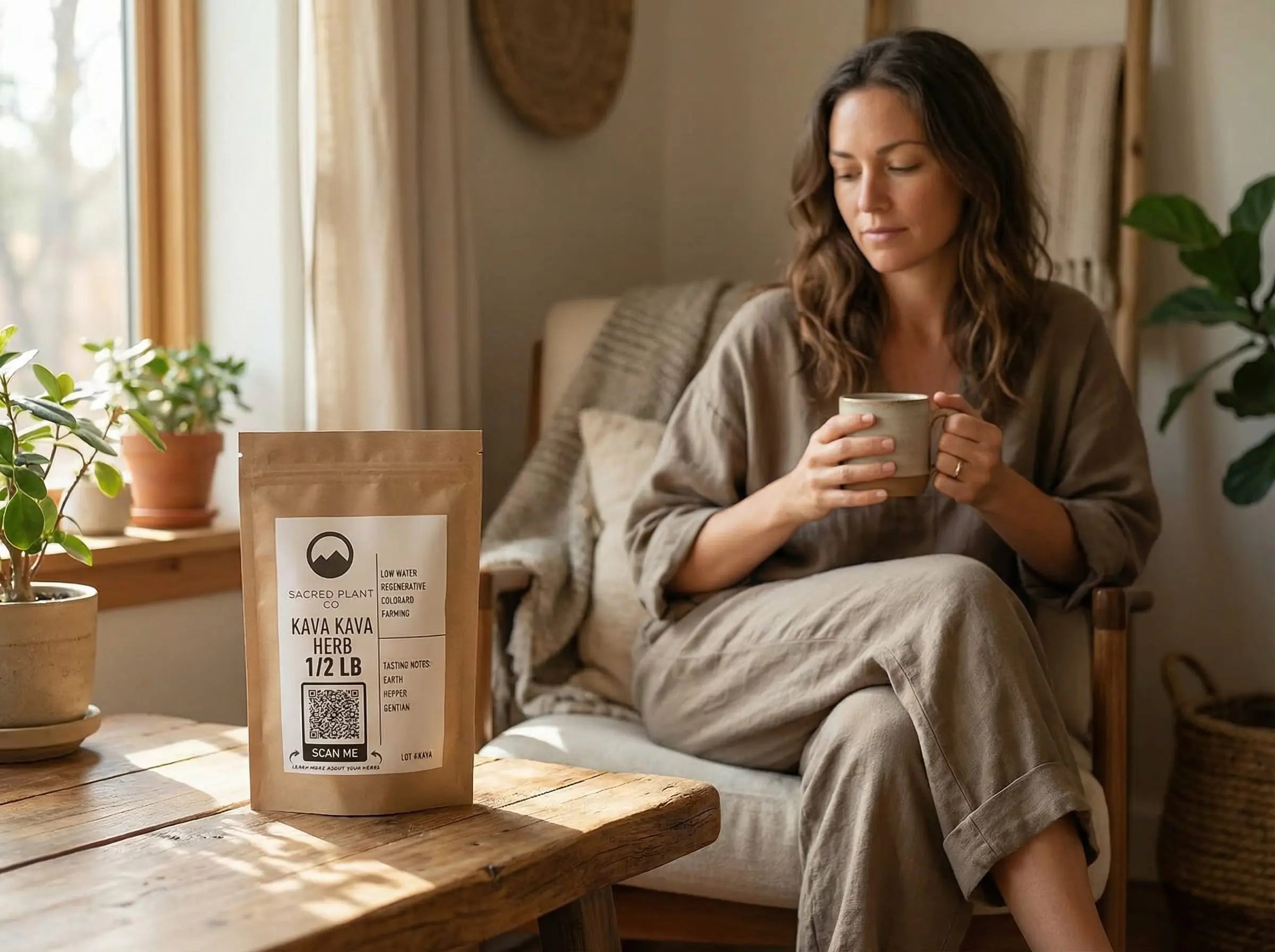 Sacred Plant Co kava kava herb in calm home ritual setting with prepared tea