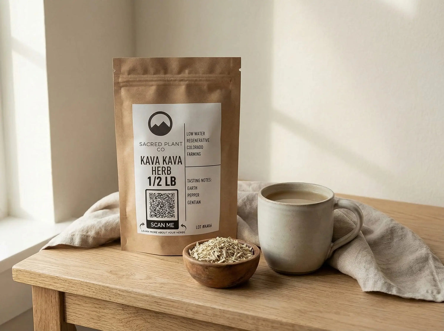 Sacred Plant Co kava kava herb displayed with prepared beverage in ceramic mug