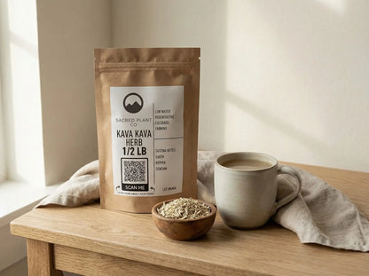 Sacred Plant Co kava kava herb displayed with prepared beverage in ceramic mug