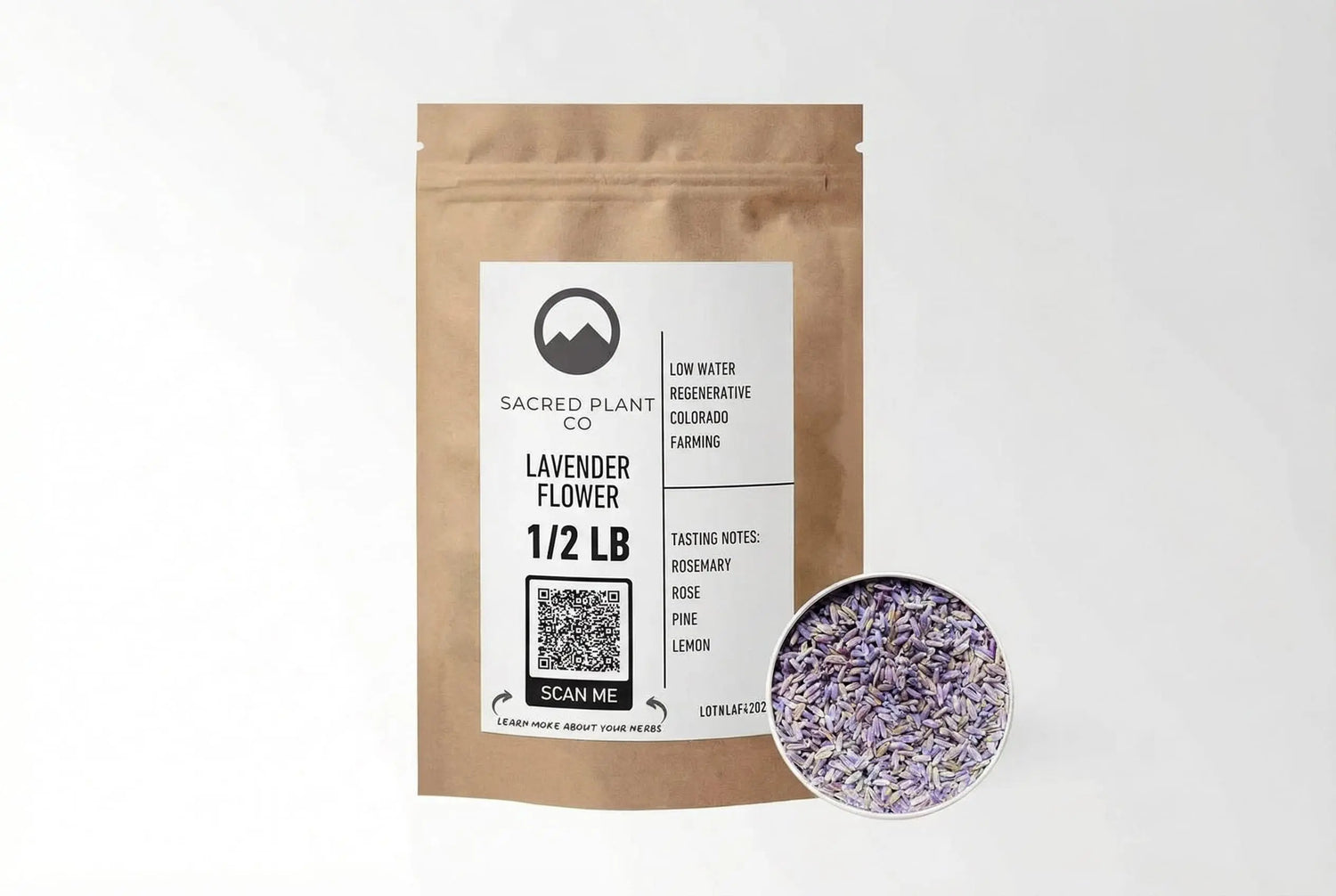 Dried lavender flower herb, cut and sifted, shown in bulk packaging