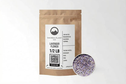 Dried lavender flower herb, cut and sifted, shown in bulk packaging