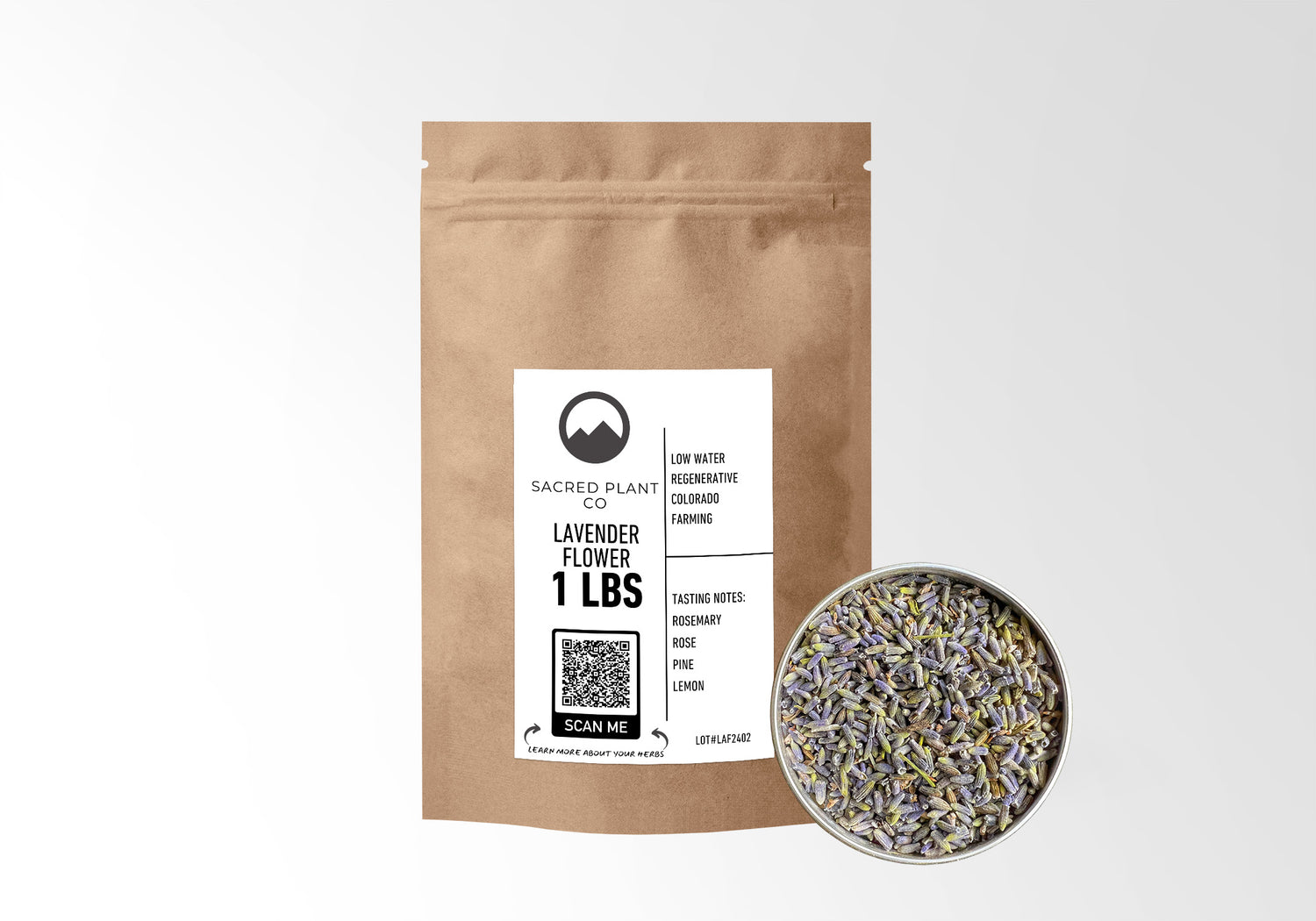 Image of a 1-pound paper bag of premium quality lavender flowers by Sacred Plant Co. The bag is made of natural brown kraft paper and features a simple, elegant black and white label that reads &