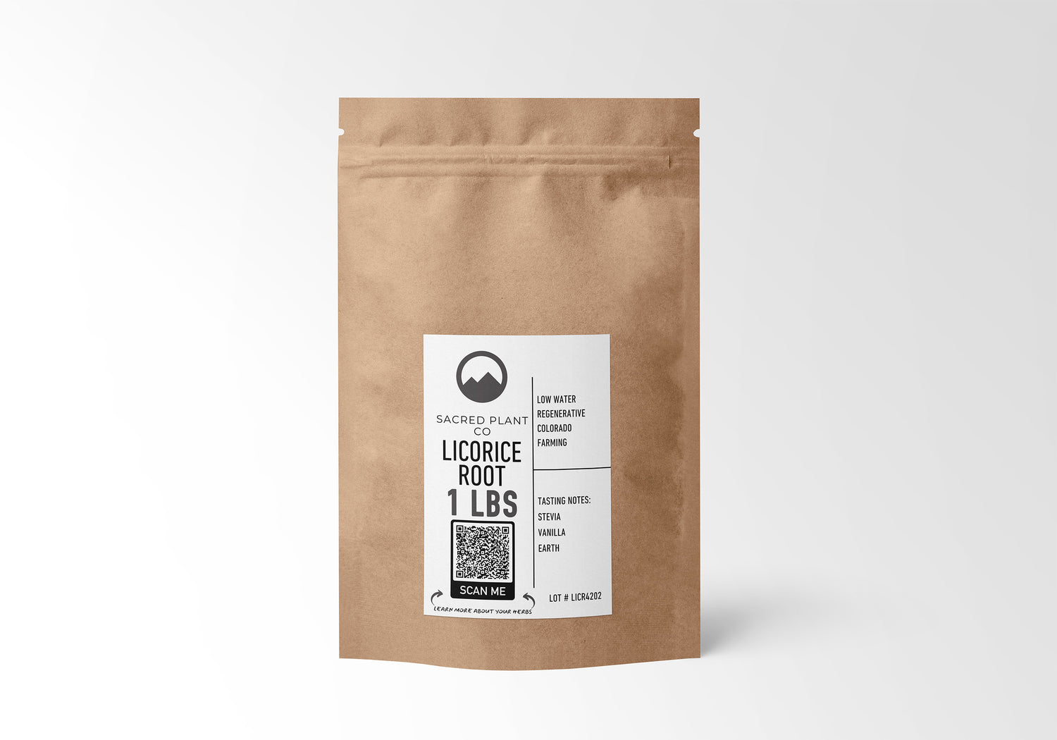 Sacred Plant Co 1 lb Licorice Root – Sustainably cultivated in Colorado using low water regenerative farming. This herbal root boasts stevia, vanilla, and earthy tasting notes, perfect for natural wellness.