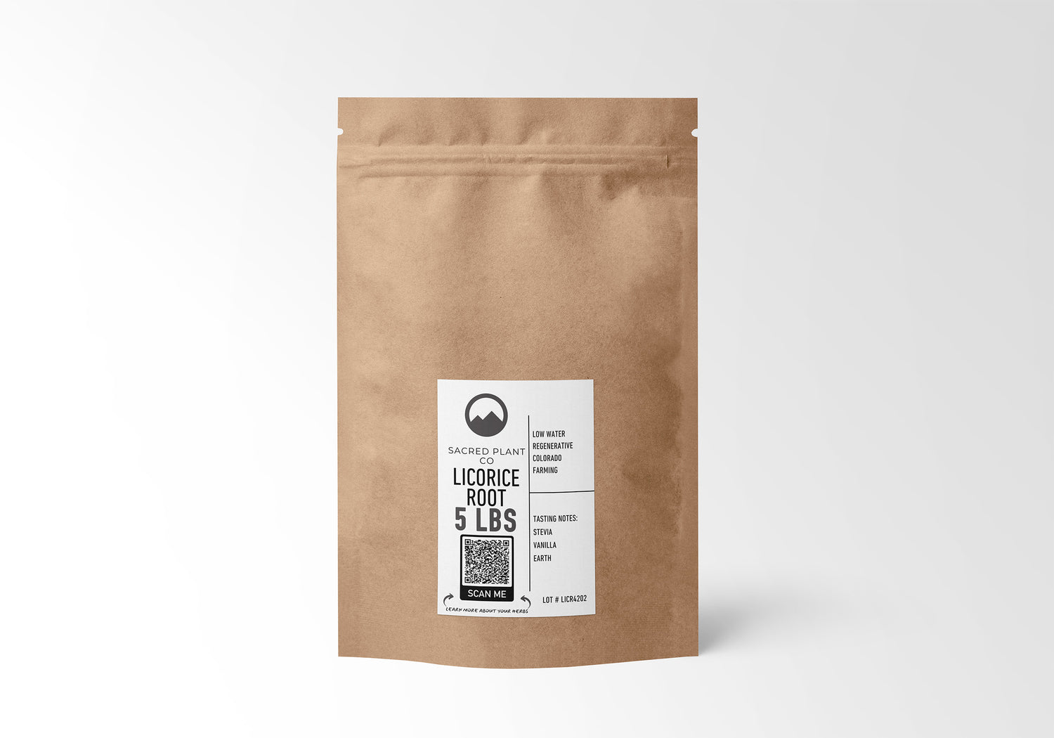 Bulk Licorice Root 5 lbs by Sacred Plant Co – Colorado-grown using eco-friendly, low water regenerative farming. Features rich tasting notes of stevia, vanilla, and earth, ideal for health and wellness applications.