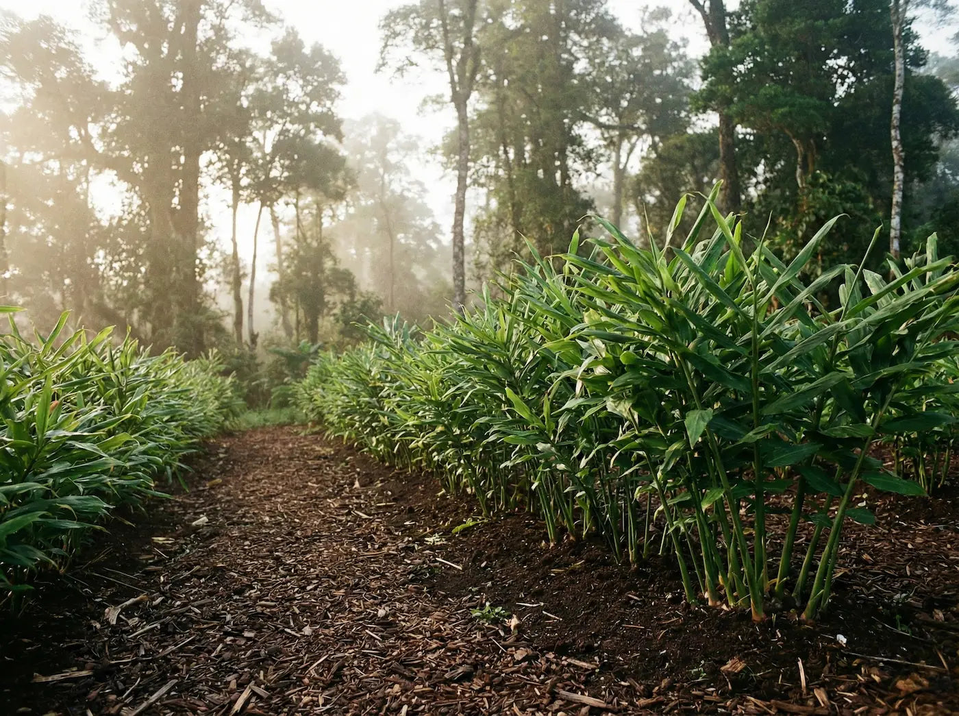 Sacred Plant Co ginger cultivation featuring organic ginger root plants in a misty forest garden, highlighting the regenerative agriculture practices used to produce premium Zingiberis Rhizoma.