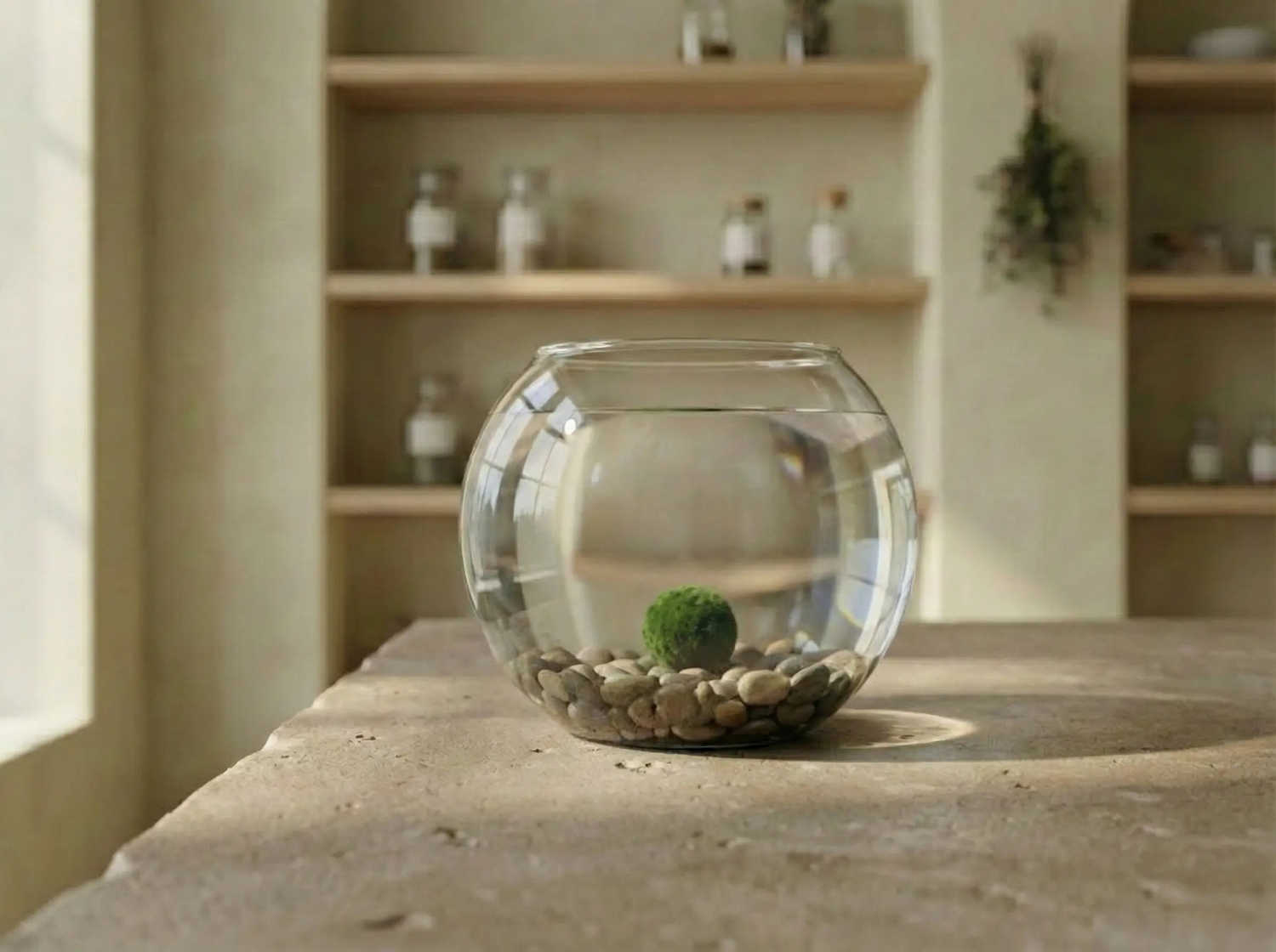 A complete low-maintenance Marimo aquatic terrarium setup on a shelf, suitable for office or home decor.